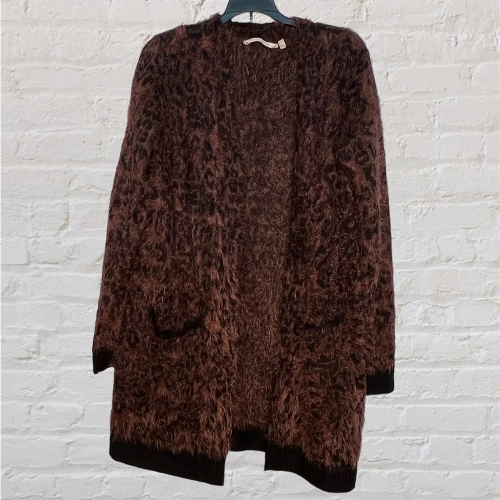 Soft Surroundings Brown Animal Print Black Cozy Fuzzy Cardigan Sweater Womens M